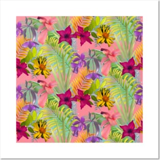 Elegant tropical flowers and leaves pattern floral illustration, pink tropical pattern over a Posters and Art